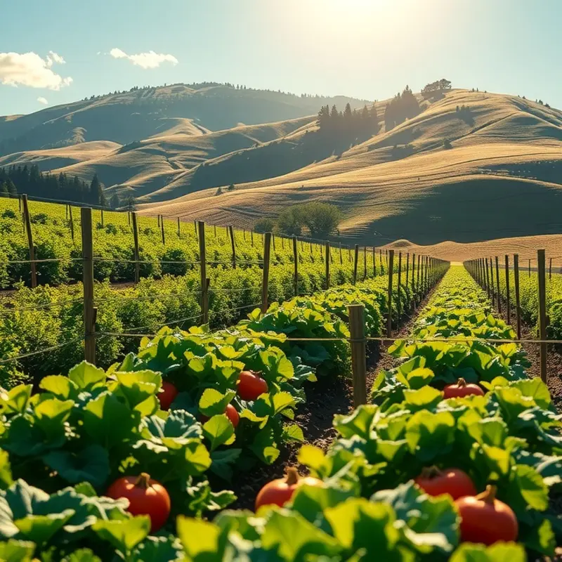 A sunlit orchard with fresh organic vegetables and fruits.