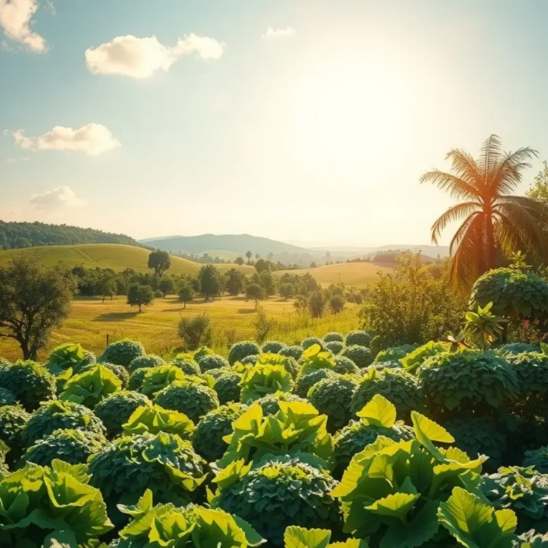 A peaceful orchard filled with vibrant fruits and vegetables, representing the abundance of nature.