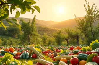A picturesque field with a variety of healthy produce under warm sunlight.