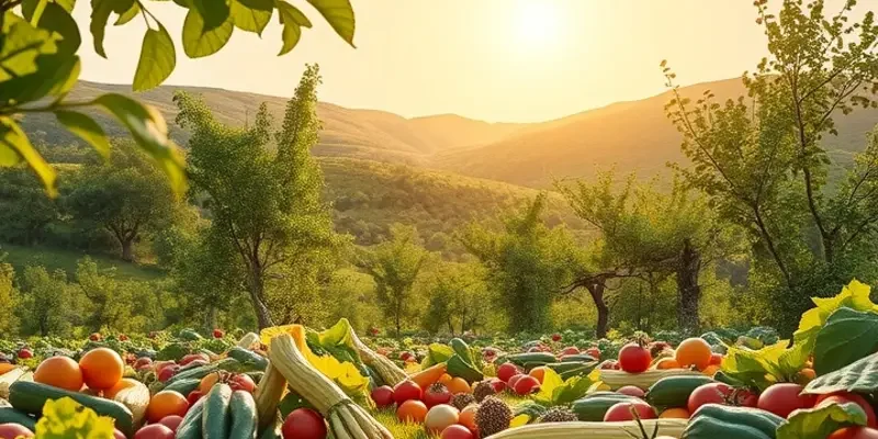 A picturesque field with a variety of healthy produce under warm sunlight.