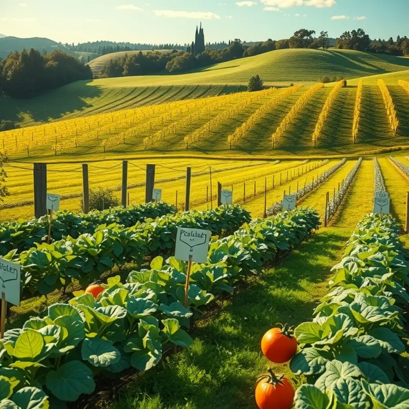 Vibrant organic vegetables and fruits in a sunlit field.