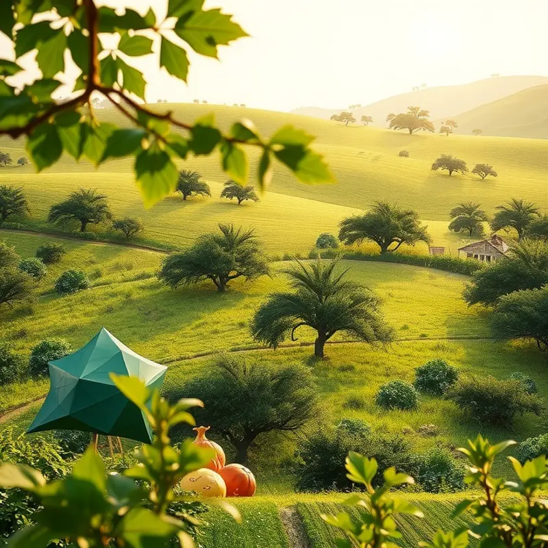 A serene Scandinavian landscape showcasing vibrant fruits and vegetables.