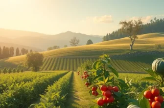 A picturesque orchard filled with healthy fruits and vegetables under a clear sky.