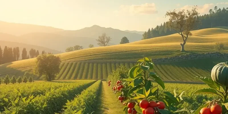 A picturesque orchard filled with healthy fruits and vegetables under a clear sky.