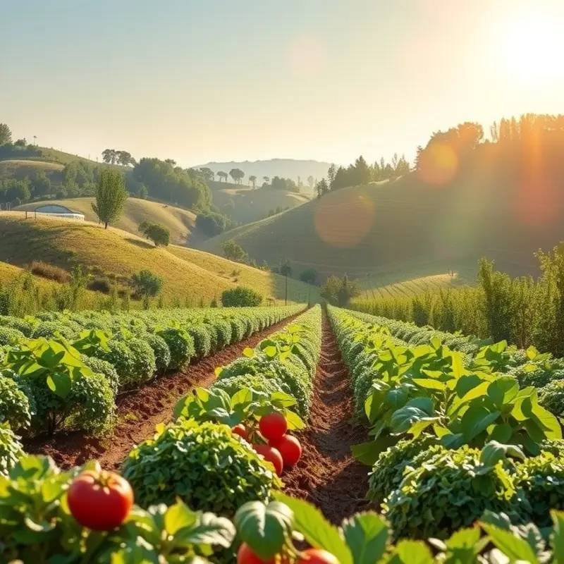 A sunlit orchard filled with abundant seasonal fruits and lush greenery.