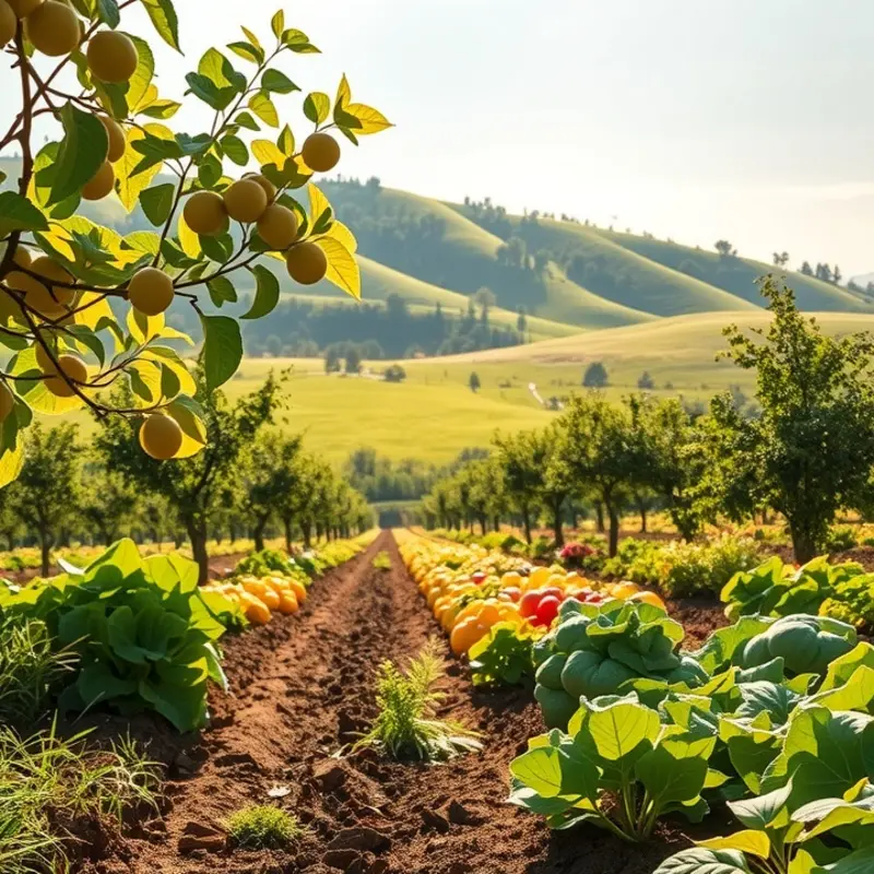 A scenic view of lush greenery with vibrant vegetables in a sunlit field.