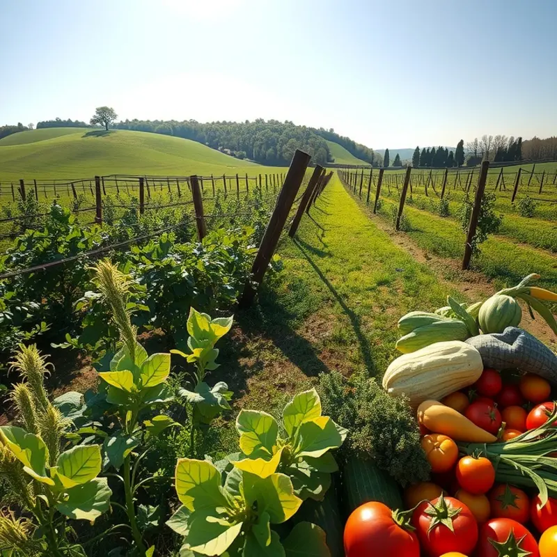 A serene field showcasing vibrant, organic vegetables under the warm sun.