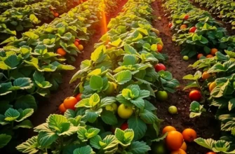 A tranquil orchard filled with vibrant fruits and vegetables under a warm sunset sky.