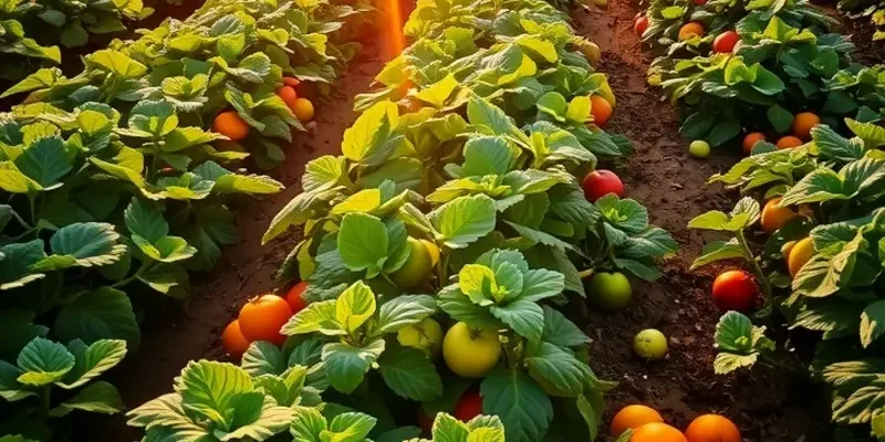 A tranquil orchard filled with vibrant fruits and vegetables under a warm sunset sky.