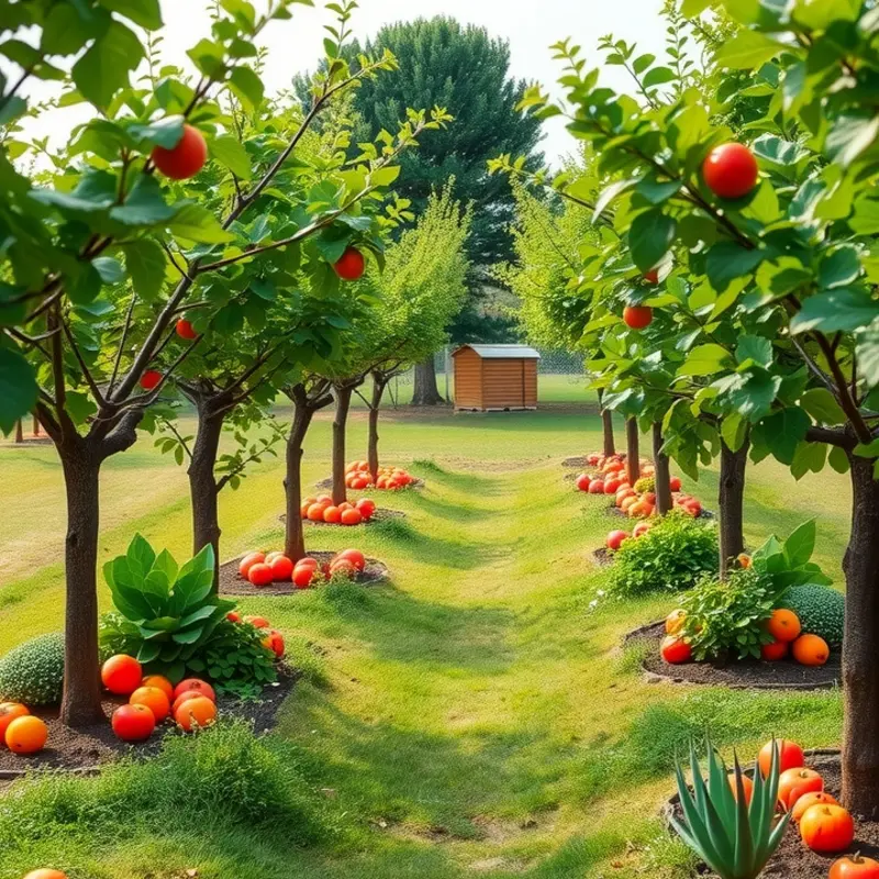 A scenic view of vegetables and fruits in a sunlit field, representing freshness.