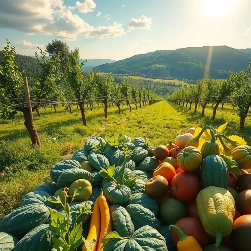 A sunlit organic garden showcasing vibrant produce.