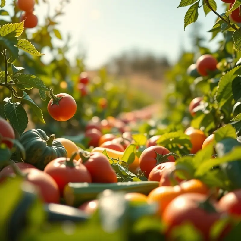 A vibrant, sunlit field showcasing organic vegetables and fruits.