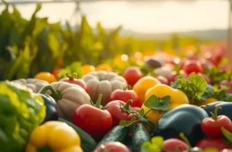 A colorful sunlit field filled with organic vegetables and fruits, emphasizing the freshness of shallow frying ingredients.