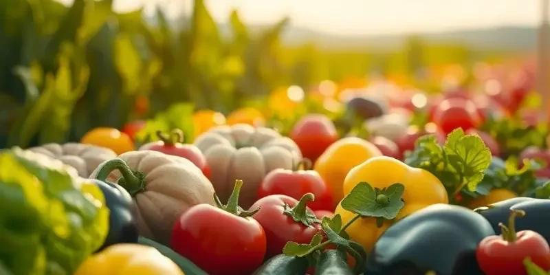 A colorful sunlit field filled with organic vegetables and fruits, emphasizing the freshness of shallow frying ingredients.