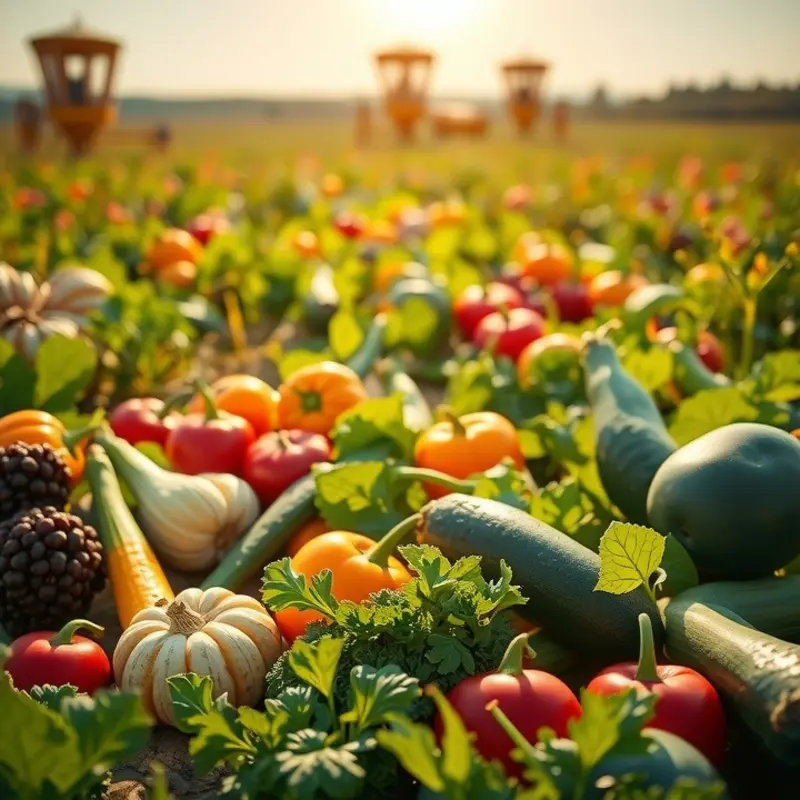 A vibrant, sunlit field showcasing organic vegetables and fruits.