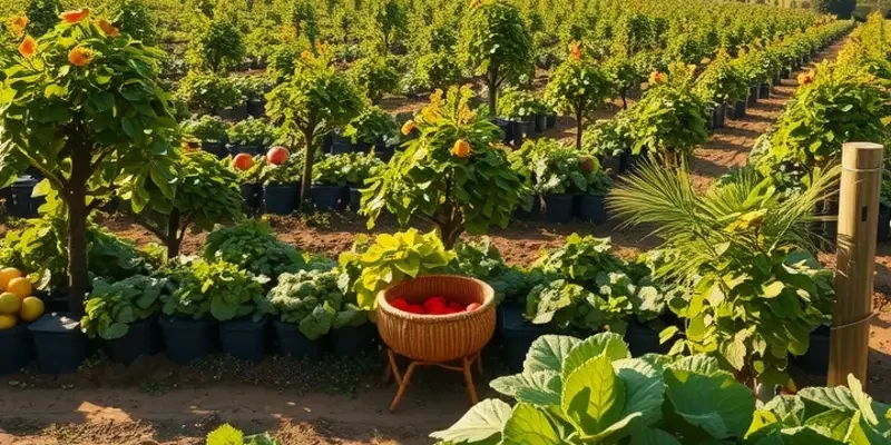 A picturesque landscape filled with organic vegetables and fruits.