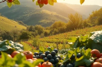 A scenic view of an orchard filled with colorful fruits and vegetables under the sun.