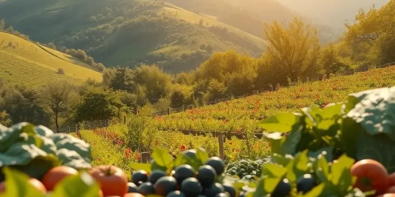 A scenic view of an orchard filled with colorful fruits and vegetables under the sun.