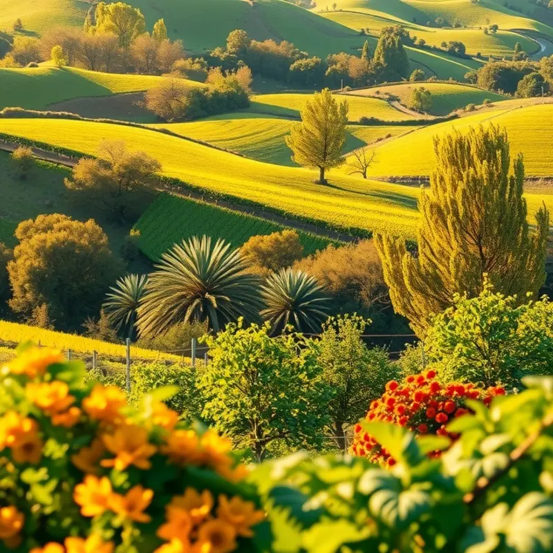 A scenic view of an organic orchard teeming with vibrant fruits, representing freshness.