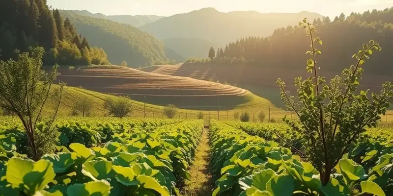 A sunlit field filled with vibrant fruits and vegetables in a lush organic setting.