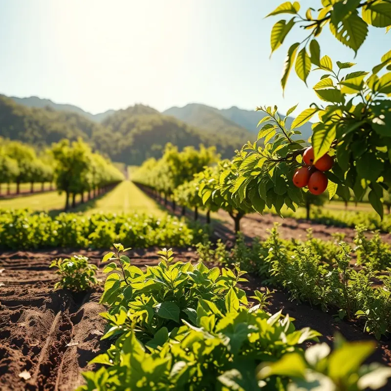 Vibrant organic vegetables and fruits in a sunlit field.