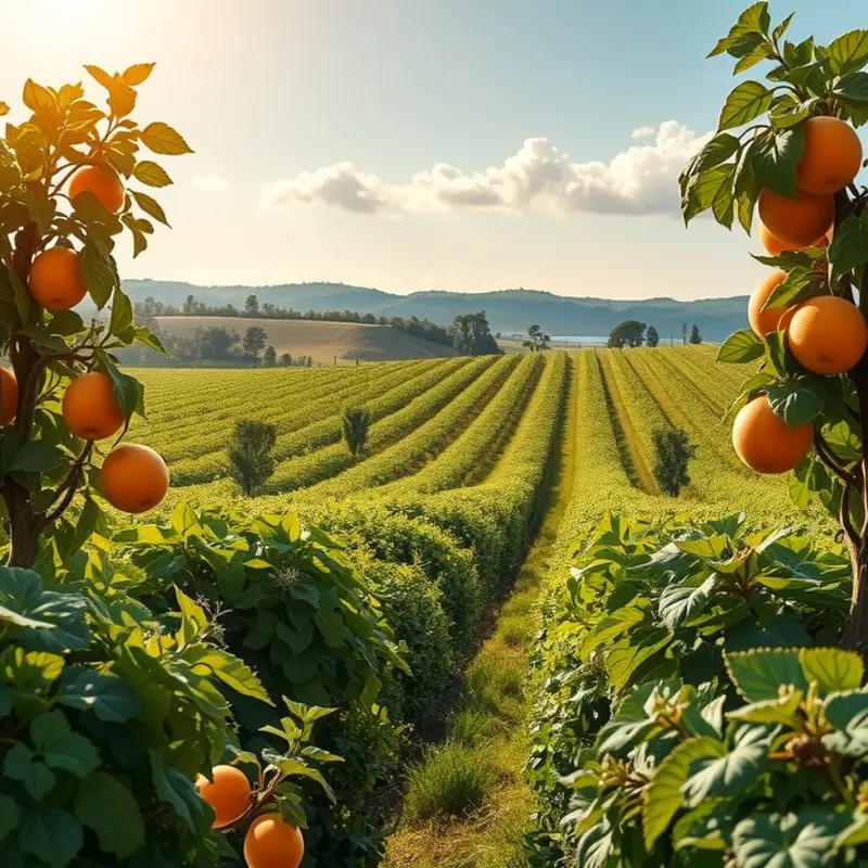 A vibrant scene showcasing organic fruits and vegetables in a sunlit field.