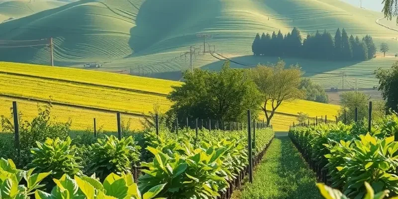 A sunny landscape depicting lush greenery and an array of organic fruits and vegetables, emphasizing healthy cooking.