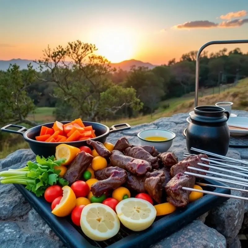 A traditional Spanish asado with grilled meats and vegetables under a warm sunset.