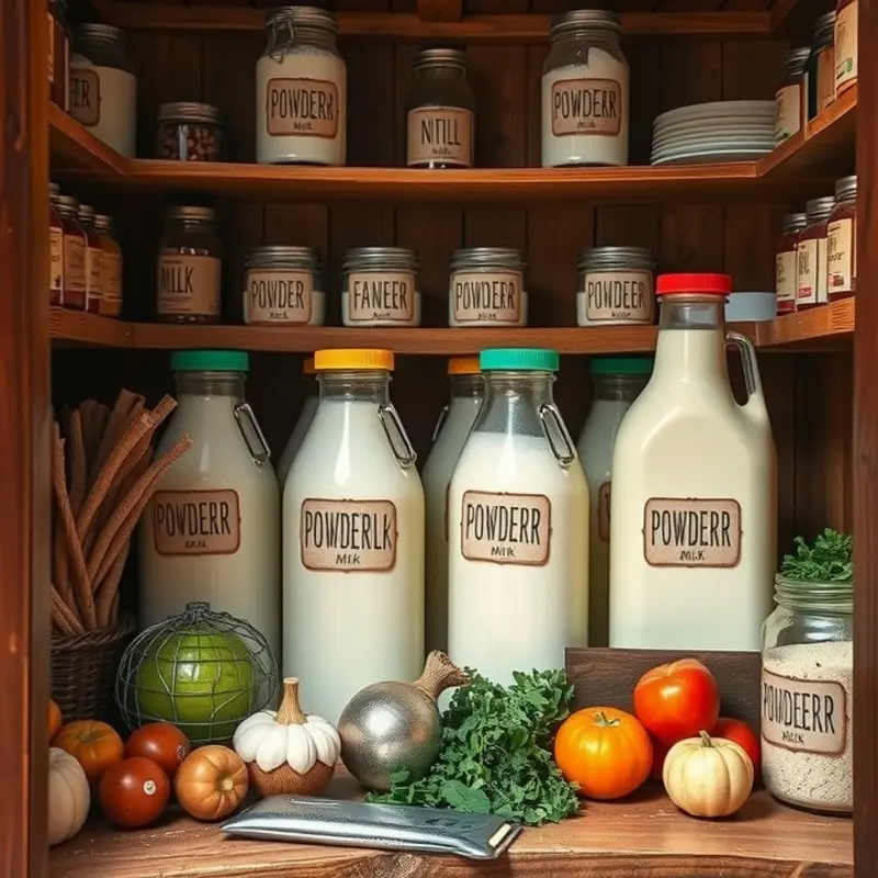 A bright kitchen showcasing organized storage of powdered milk.