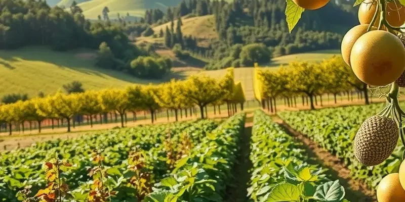 A beautiful sunlit field with vibrant vegetables and fruits representing healthy nourishment.
