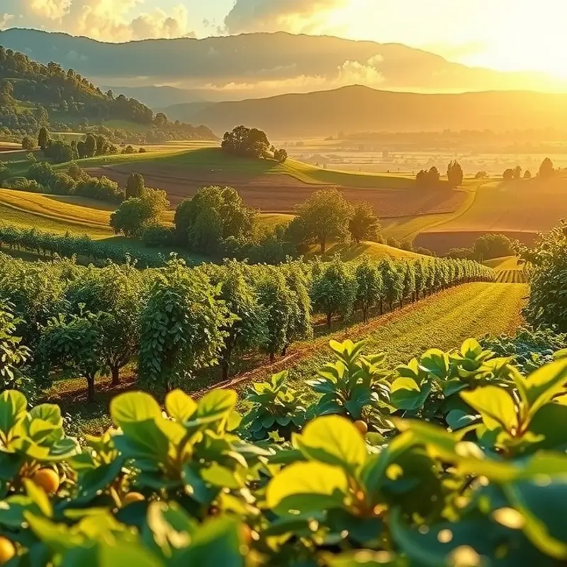 A scenic view of an organic orchard illuminated by the sun, representing natural wellness.