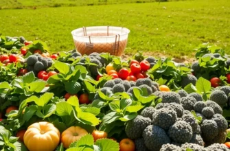 A scenic view of a sunlit field displaying an abundance of fresh vegetables and fruits, representing healthy eating.