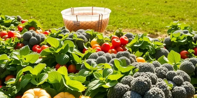 A scenic view of a sunlit field displaying an abundance of fresh vegetables and fruits, representing healthy eating.