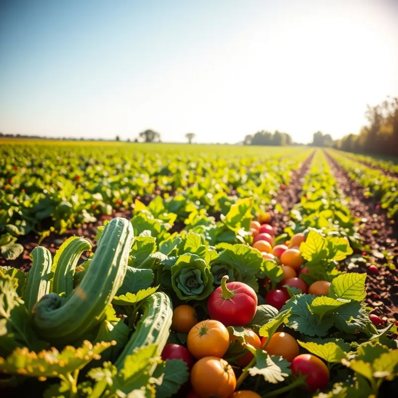 A landscape featuring a sunlit field filled with fresh vegetables and fruits.