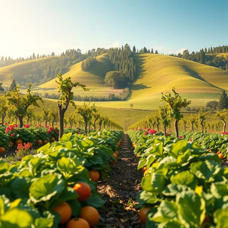 A vibrant orchard filled with organic produce bathed in warm sunlight.