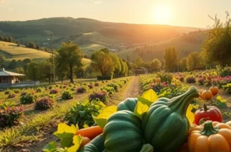 A sunlit landscape filled with abundant organic vegetables and fruits, reflecting the theme of peace through food.