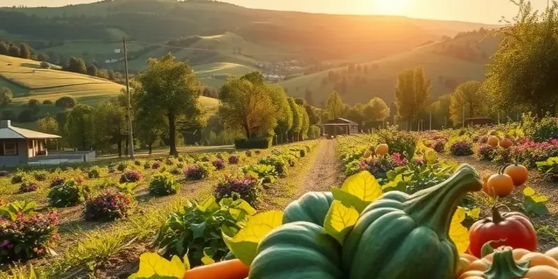 A sunlit landscape filled with abundant organic vegetables and fruits, reflecting the theme of peace through food.