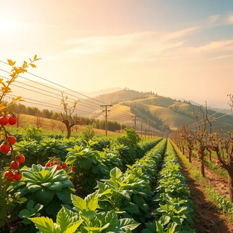 A serene sunlit field where the essence of communal meals thrives among bountiful produce.