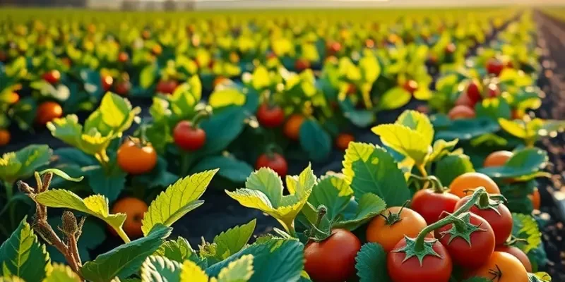 A natural landscape showcasing a sunlit field filled with rich, vibrant produce.