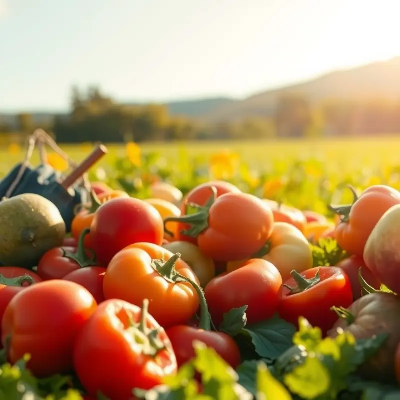 A sunlit field showcasing vibrant vegetables and fruits.