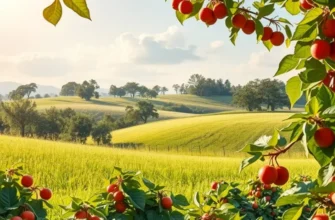 A vibrant agricultural landscape bathed in sunlight, showcasing ripe fruits and vegetables.