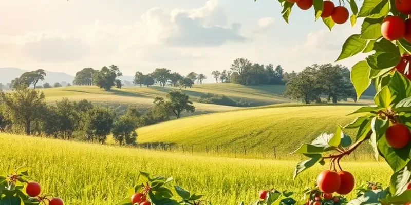 A vibrant agricultural landscape bathed in sunlight, showcasing ripe fruits and vegetables.