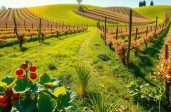 A bright, natural landscape depicting a rich field of organic produce under warm sunlight.