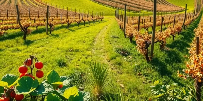 A bright, natural landscape depicting a rich field of organic produce under warm sunlight.