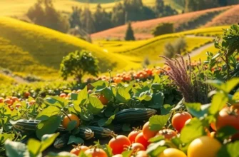 A beautiful sunlit landscape showcasing organic fruits and vegetables in a natural setting.