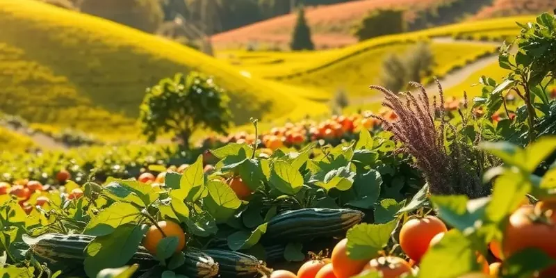 A beautiful sunlit landscape showcasing organic fruits and vegetables in a natural setting.