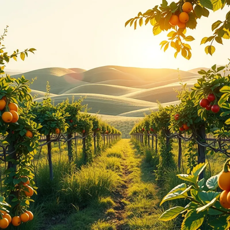 A sunlit field teeming with ripe vegetables and fruits, representing healthy eating.