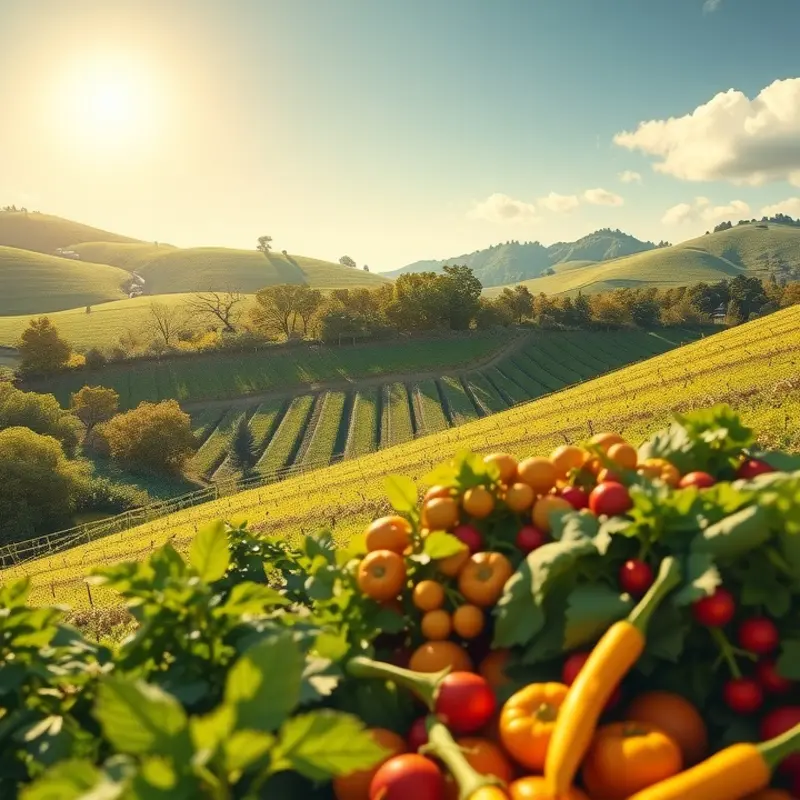 A vibrant representation of herbs and organic produce thriving in a sunlit landscape.