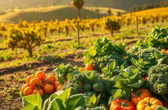 A vibrant orchard filled with lush greenery and a variety of fruits and vegetables growing naturally.