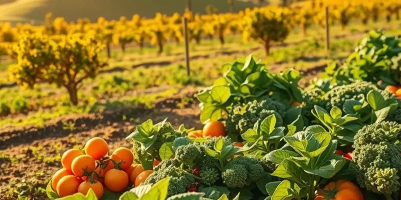 A vibrant orchard filled with lush greenery and a variety of fruits and vegetables growing naturally.